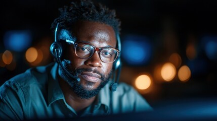 Fototapeta premium A man with glasses and a headset looks directly at the camera, emphasizing his focus in a dimly lit workspace filled with blurred, colorful lights in the background.