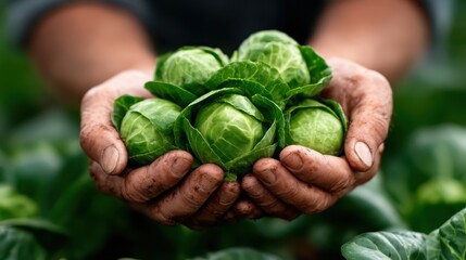 A farmer proudly holds freshly picked Brussels sprouts, showcasing the hard work and dedication in agriculture and the appreciation for organic produce in sustainable food systems.