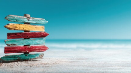Colorful wooden signposts guide travelers on a sandy beach, set against a vibrant blue sky, creating a sense of adventure, relaxation, and wanderlust for the perfect getaway.