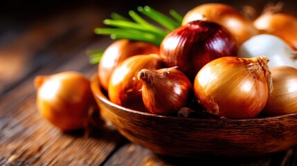 A collection of fresh onions, including red, white, and yellow varieties, is artfully arranged in a rustic wooden bowl, highlighting the natural beauty and versatility of these vegetables.