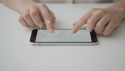 Bright, minimalist close-up shows female fingers performing a two-point touch gesture on a horizontal smartphone screen, resting cleanly on a white desk surface.