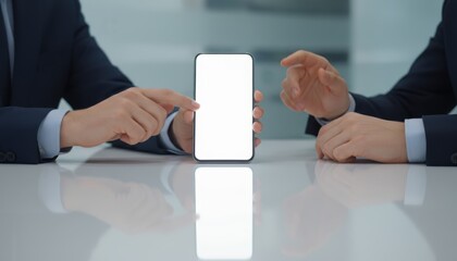Two professional businessmen are seen in a close-up discussing data on a smartphone with a white mockup screen, captured in a clean, bright corporate setting.