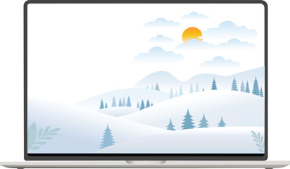 Modern laptop displays scenic mountain lake landscape. Device placed on mountain and pine trees . Ideal for travel, blogging, website design.