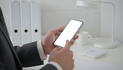 Close-up shot of a professional man using a modern smartphone with a blank white screen, emphasizing bright, corporate technology on a clean office desk.