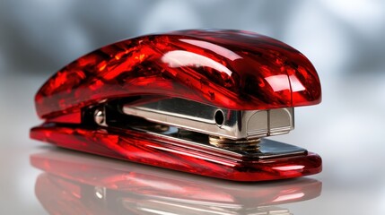 Fototapeta premium A striking red stapler sits elegantly on a glossy surface, blending functionality and design in a captivating showcase of everyday office supplies.