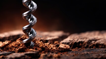 An artistic macro shot of a twist drill embedded in wood, highlighting the intricate details and textures that showcase craftsmanship and the beauty of tools in action.