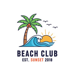 Fototapeta premium Beach Club Sunset Palm Tree Wave and Birds Logo.