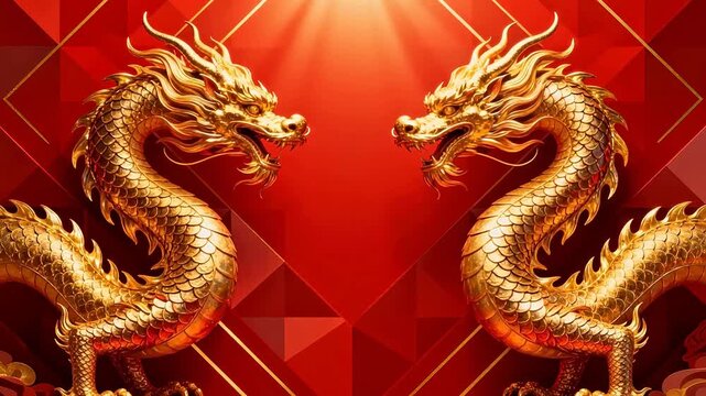 Golden dragons on red background