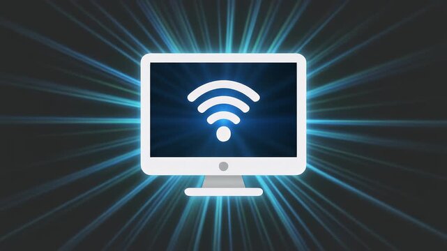 White monitor with Wi-Fi symbol, blue light rays on dark back