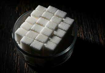 Bright white sugar cubes are neatly stacked in a clear glass bowl, captured with dramatic, high-contrast lighting against a dark, moody background.