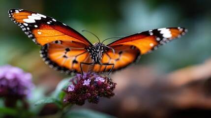 Obraz premium A striking butterfly perches on a blooming flower, demonstrating the beauty of nature's intricate designs and the delicate balance of ecosystems through vivid colors.