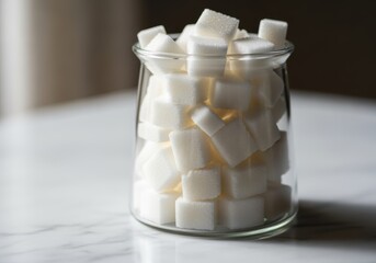 A bright white, clean close-up shot of numerous sugar cubes filling a clear glass jar, resting on a marble countertop with soft indoor light.
