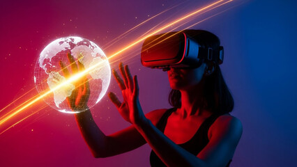 Futuristic Woman Immersed in Virtual Reality, Interacting with a Digital Globe in a Neon-Lit Environment