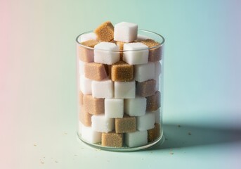 A clean studio close-up captures white and brown sugar cubes meticulously stacked in a checkerboard pattern inside a clear glass jar, set against a sweet pastel gradient background.