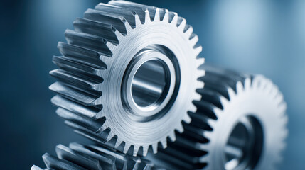 High precision metal gears with polished teeth and smooth surfaces interlocking in a clean industrial environment for mechanical engineering concepts and technology