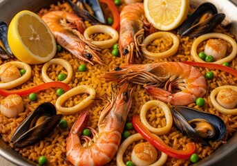 A vibrant, appetizing close-up of traditional spanish seafood paella, featuring golden saffron rice, large prawns, mussels, and bright lemon wedges.