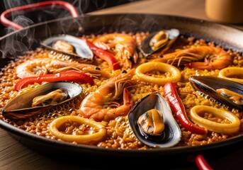 A dramatic close-up shot of golden, appetizing seafood paella steaming in a traditional black pan, richly garnished with mussels, shrimp, calamari, and red peppers.