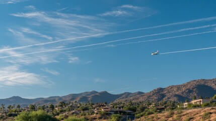 Medium shot of airplanes adjusting flight paths over designated zones to minimize noise disturbance for neighboring communities.