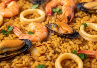 A detailed close-up shot captures the rich, golden yellow seafood paella, showcasing appetizing shrimp, mussels, and calamari rings in a traditional spanish dish setting.