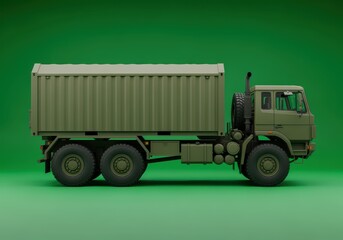 A highly detailed olive green military transport truck model, featuring a large cargo container, is captured in a clean side profile studio shot, isolated on a vibrant green background