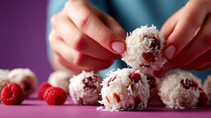 A vibrant scene of hands delicately assembling coconut balls and fresh raspberries, emphasizing the joy of culinary creativity and the appeal of homemade treats.