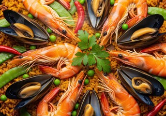 A vibrant close-up, top view captures the warm, appetizing spanish seafood paella, featuring large prawns and mussels circularly arranged and garnished with fresh parsley.