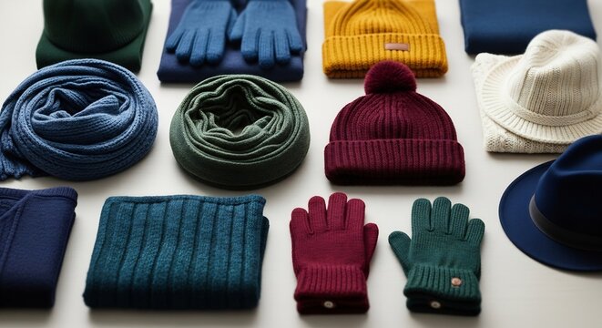 Assortment of colorful winter accessories including knit hats, scarves, and gloves arranged in a flat lay.
