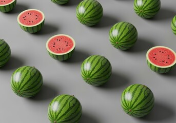 A minimalist studio shot of fresh, vibrant green and red watermelons arranged in a repeating pattern on a solid gray surface, viewed from a high angle.