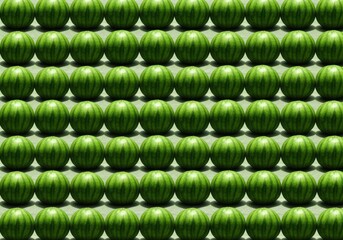 A vibrant, bright green graphic design showcasing miniature whole watermelons repeating in a seamless grid pattern against a solid background.