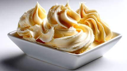 A visually appealing display of creamy butter in swirling patterns, showcasing its rich texture and culinary potential, making it ideal for gourmet cooking and baking inspiration.