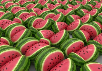 A high-resolution 3d render captures a massive, dense arrangement of vibrant pink and green halved watermelons covering a light studio surface, symbolizing summer abundance.