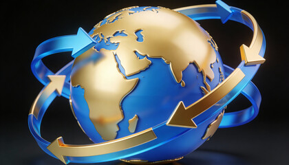 3D globe icon with circular arrows symbolizing global data exchange, synchronization, cloud services, international networks, and worldwide digital connectivity.