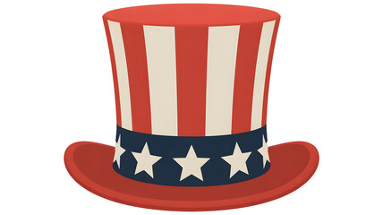 Classic patriotic american top hat adorned with red and white stripes and a blue star band