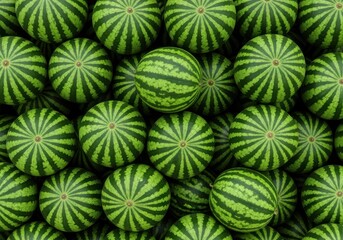 A vibrant green, full-frame, close-up composition of fresh, ripe watermelons piled tightly, showcasing the natural striped pattern of the abundant summer harvest.