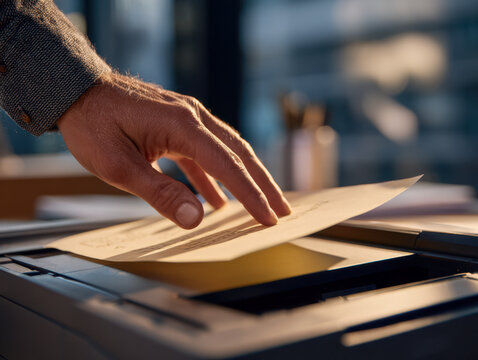 Person inserting a sheet of paper into a scanner in a modern office environment with warm lighting and blurred background elements