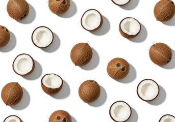 Bright, high-key flat lay pattern of whole and halved tropical coconuts scattered randomly, showcasing brown shells and white flesh against a clean white background.