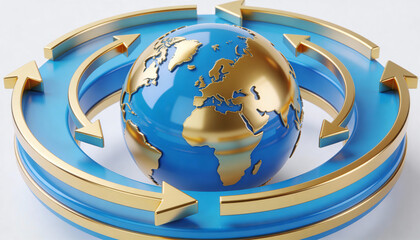 3D globe icon with circular arrows symbolizing global data exchange, synchronization, cloud services, international networks, and worldwide digital connectivity.