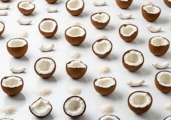 Repeating pattern of fresh, halved coconuts and white flakes captured in a minimalist, high-key flat lay on a clean white surface, evoking a tropical mood.