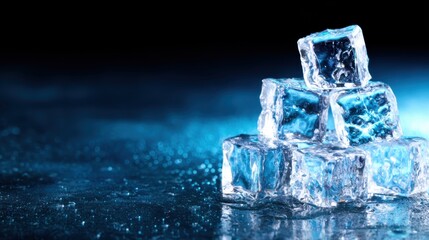 A stunning arrangement of clear ice cubes shines against a dark backdrop, showcasing their crystalline structure and reflecting light, embodying coolness and freshness.