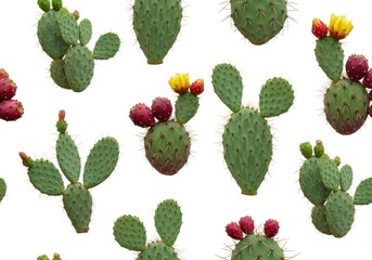 A fresh, vibrant green seamless botanical pattern of prickly pear cacti bearing red and yellow fruit, isolated on a clean white background.