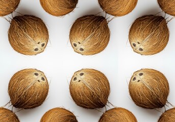 Seamless repeating pattern of whole, hairy brown coconuts captured in a bright, natural studio flat lay against a clean white background.