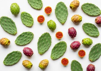 A bright, high-key studio shot of vibrant green prickly pear pads and magenta fruits scattered in a fresh pattern across a clean white background.