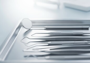A sterile, metallic dental mirror and various probes are neatly arranged on a surgical tray, captured in a bright, high-key close-up shot inside a clean clinic.