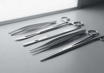 A sharp, high-key studio shot of a sterile set of stainless steel surgical instruments, including forceps and scissors, lying ready on a clean, monochromatic gray surface for medical preparation.