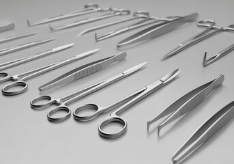 A variety of sterile, metallic silver surgical instruments, such as clamps and scissors, are neatly arranged in a high-key close-up on a clean medical surface.