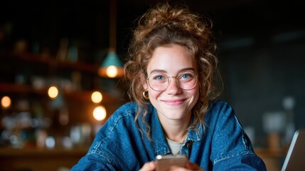 A young woman with curly hair and glasses smiles brightly while holding her smartphone, creating a warm and inviting atmosphere in a cozy cafe setting.