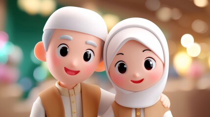 Muslim dad and daughter celebrating Eid al Fitr together with bokeh lights background