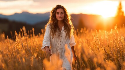 Obraz premium A serene scene captures a woman walking through a golden field at sunset, representing freedom, nature's beauty, and the exploration of life’s enchanting moments.