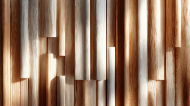 An aesthetically pleasing composition of wooden panels featuring varying textures and tones illuminated by warm light, perfect for interior design inspiration. - Powered by Adobe