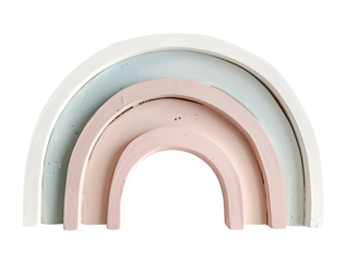 Wooden pieces arranged in a rainbow shape for use as wall art. The decor features pastel colors and is designed to be placed on a wall or table for decoration